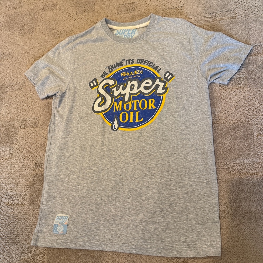 Superdry Gray Short Sleeve Tee with Blue and Yellow Motor Oil Logo